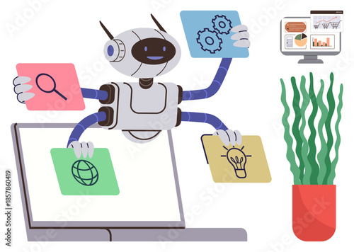 Robot with four arms handling search, innovation, global tasks, and settings icons near laptop, analytics monitor, and plant. Ideal for automation, productivity, AI technology innovation global