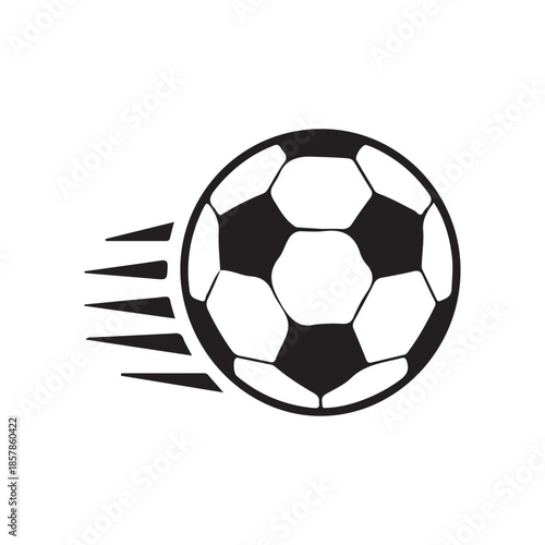 a simple black and white illustration depicts a soccer ball in motion with speed lines trailing behind it showing dynamic movement high quality professional detailed modern