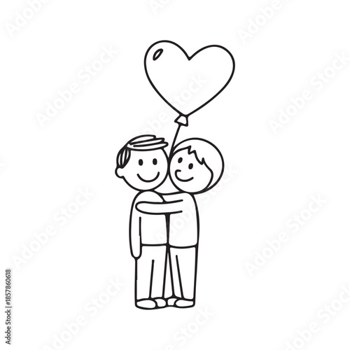 a simple black and white doodle depicts two smiling figures embracing warmly with a heart shaped balloon floating above them symbolizing affection and connection high quality