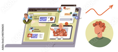 Team members interact through video calls, chats, and graphs on a laptop. Ideal for remote work, teamwork, communication, online learning, productivity, digital networking simple flat metaphor