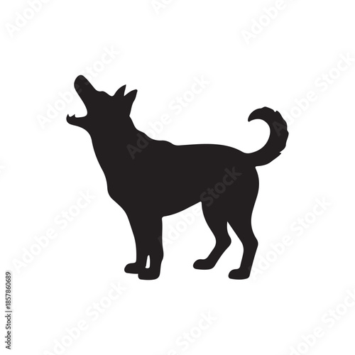 a striking silhouette of a dog howling at the moon captured in a minimalistic black and white design evoking wilderness and nature high quality professional detailed