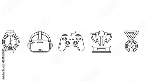 Outlined icons representing technology gaming awards and time on white background