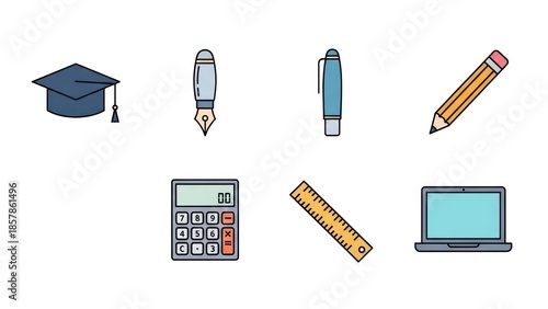 Educational and office supplies set on white background vector illustration