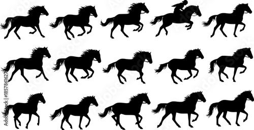 silhouette of horses. Isolated black silhouette of galloping, jumping running, trotting, rearing horse 