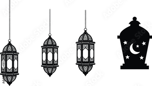 Elegant hanging lanterns and islamic symbol
