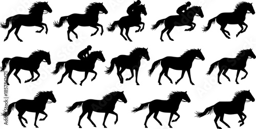silhouette of horses. Isolated black silhouette of galloping, jumping running, trotting, rearing horse 