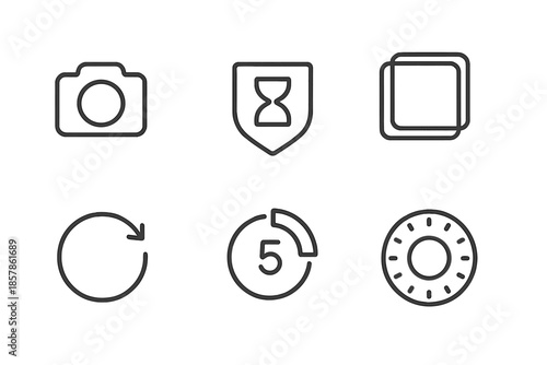 Digital Moment Icons. Line vector icons of fleeting digital moments: moment icon, thinning border, brief-life badge, layered fade,