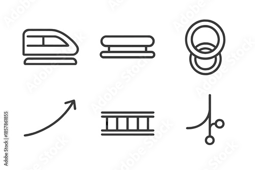 Magnetic Train Elements. Line vector icons of elevated magnetic train: curved train shell, levitation layer, magnet rings,