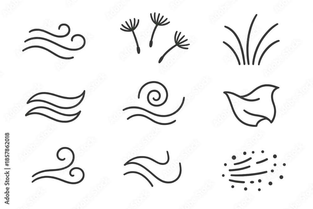 Fototapeta premium Soft Breeze Icons. Line style icons of soft breeze elements: gentle gust lines, dandelion seeds, waving grass, flowing ribbons,