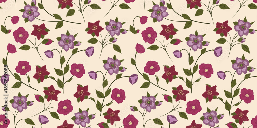 Fototapeta premium Vintage Seamless Floral Pattern with Pink and Purple Hellebore Flower on Warm Cream Background