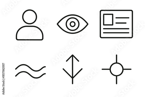 Conscious Content Intake. Line vector icons of conscious content intake: human icon, attentive gaze, content panel, gentle wave,