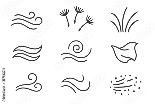 Soft Breeze Icons. Line style icons of soft breeze elements: gentle gust lines, dandelion seeds, waving grass, flowing ribbons,