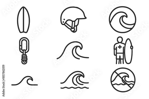 Surf Summit Icons. Line style icons of surf summit security: surfboard, helmet, wave circle, safety rope, water peak, surf guard,