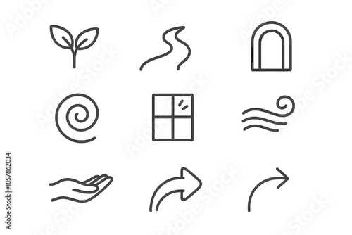 Nurturing Flow Icons. Line style icons of nurturing spatial flow: growing plant, soft path, open arch, gentle swirl, light window,
