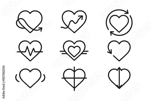 Heart Rotation Icons. Line style icons of heart rotation systems: heart loop, flowing line, rotation circle, love pulse, balanced