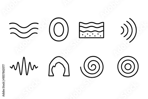 Subterranean Resonance Icons. Line style icons of subterranean resonance: deep wave, hollow echo, layered ground, vibration motion