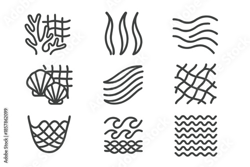 Marine Textile Icons. Line style icons of marine textile creators: coral weave, water strand, fabric motion, woven shells, sea