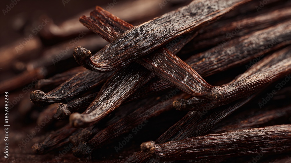 Fototapeta premium Close-up of vanilla pods sliced open, baking atmosphere implied