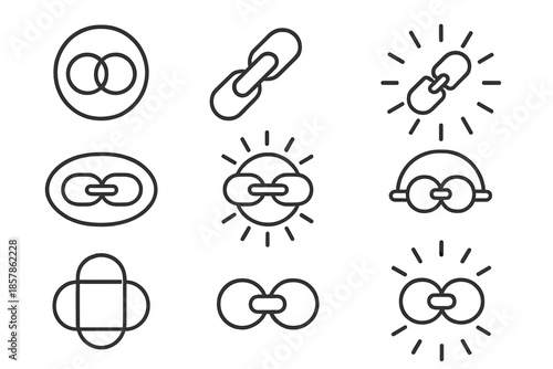 Haloed Linkage Icons. Line style icons of haloed linkage systems: circular halo, layered link, radiant joint, luminous bridge,