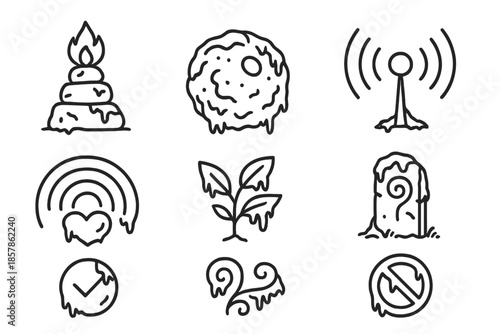 Mossy Signal Icons. Line style icons of moss-covered signal systems: stone beacon, moss texture, organic antenna, nature pulse,