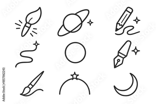 Space Calligraphy Icons. Line style icons of space calligraphy tools: radiant brush, flowing orbit, stellar stroke, galactic ink