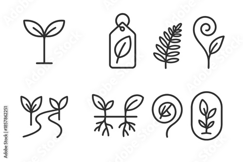 Botanical Trail Markers. Line style icons of botanical trail markers: seedling post, leaf tag, fern indicator, vine curl, plant