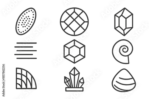 Silica Linguistics Icons. Line style icons of silica-based linguistics: diatom shape, glassy pattern, crystalline glyph, layered