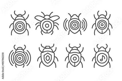 Wing-Case Sound Icons. Line style icons of wing-case sound systems: beetle outline, folded wings, vibration lines, echo arc, sound