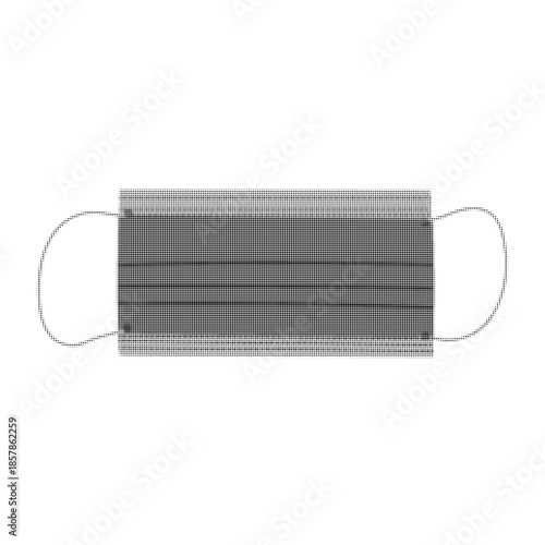 Black and white halftone illustration of a medical face mask with ear loops. Minimal dotted graphic style, concept of healthcare, protection, hygiene, virus prevention and pandemic safety.