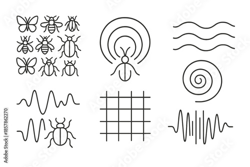 Organic Echo Icons. Line style icons of organic echo systems: insect pattern, sound arcs, wave line, shell ring, vibration curve,