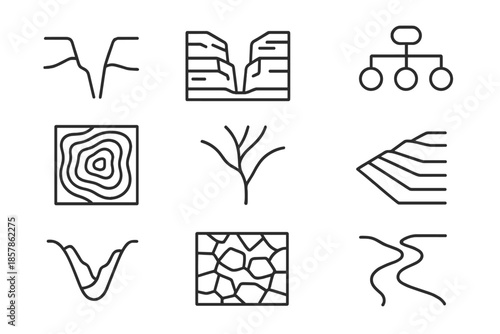 Ravine Organization Tools Icons. Line style icons of ravine organization tools: split terrain, structured gorge, flow chart lines,