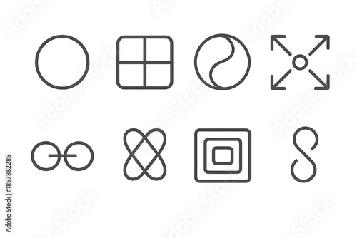 Balanced Cognition Icons. Line style icons of balanced cognition systems: centered circle, smooth grid, equilibrium flow, rounded