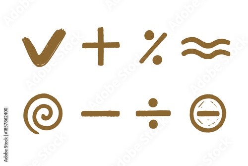 Earth Tone Symbols. Line style icons of symbolic earth tone operators: soil-colored mark, natural pigment cross, faded ratio sign,