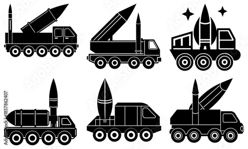 Six Military Missile Launchers on Trucks in Black and White Silhouette vehicle