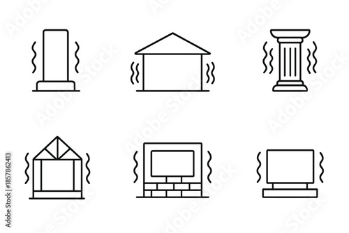 Dynamic Building Elements. Line style icons of building element oscillations: moving pillar, rhythmic beam, trembling roof,