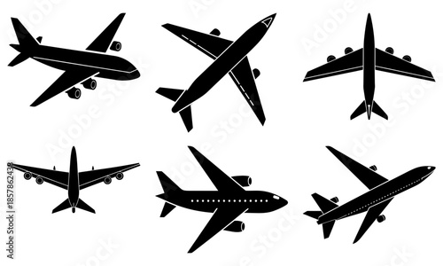 Six Different Airplane Silhouettes on White Background aircraft black