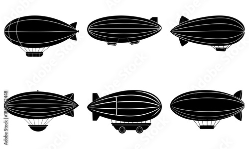 Six Black and White Airship Silhouettes on Transparent Background zeppelin