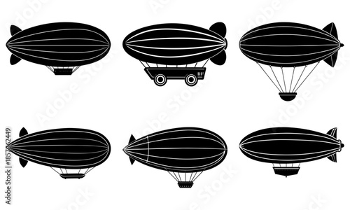 Six Black and White Airship Silhouettes on Transparent Background zeppelin blimp