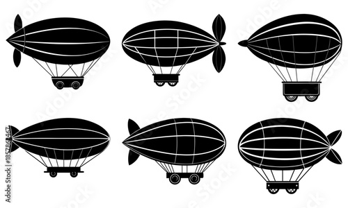 Six Black and White Airship Silhouettes on White Background blimp dirigible