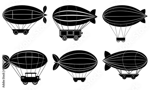 Six Vintage Airships with Black and White Silhouettes on White Background transportation