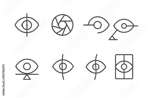 Visual Equilibrium Icons. Line style icons of visual equilibrium systems: optical center, balanced iris, pivoting lens, eye beam