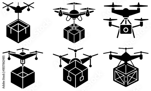 Six Drones Carrying Boxes Silhouette on White Background delivery package