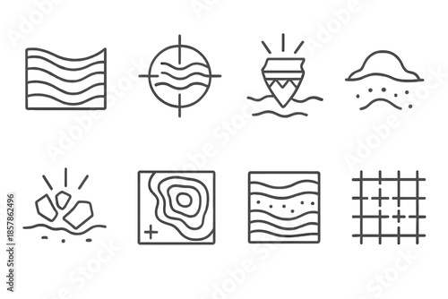 Stratigraphic Icons Design. Line style icons of stratigraphic refuse mapping: layered pattern, spectral cross, illuminated
