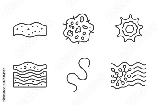 Microbial Line Art Icons. Line style icons of animated microbial surfaces: soft film, moving colony, ripple contour, luminous cell
