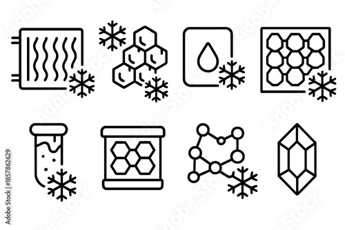 Frozen Hive Icons. Line style icons of frozen hive technology: cooling panel, frost-coated comb, sealed pollen unit, frozen honey