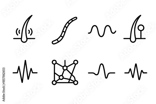 Fungal Hair Detection Icons. Line style icons of fungal hair tremor detection: vibrating filament, curved mycelial thread,