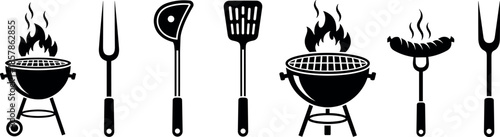Black barbecue grill icons set with charcoal brazier, spatula, meat fork, and sausage for summer cookout, picnic, and restaurant menu.