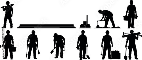 Black Construction Worker Silhouettes Set with Professional Industrial Builders Carrying Tools Equipment and Shovels for Site Development and Manual Labor