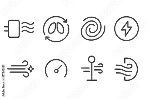 Fresh Motion Icons. Line style icons of fresh motion indicators: airy flow sensor, breath loop icon, smooth current ring, vitality