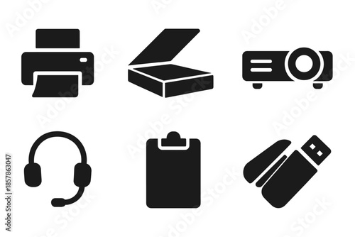 Modern Office Icons. Solid style icons of modern office equipment: printer, scanner, filing cabinet, projector, headset, stapler,